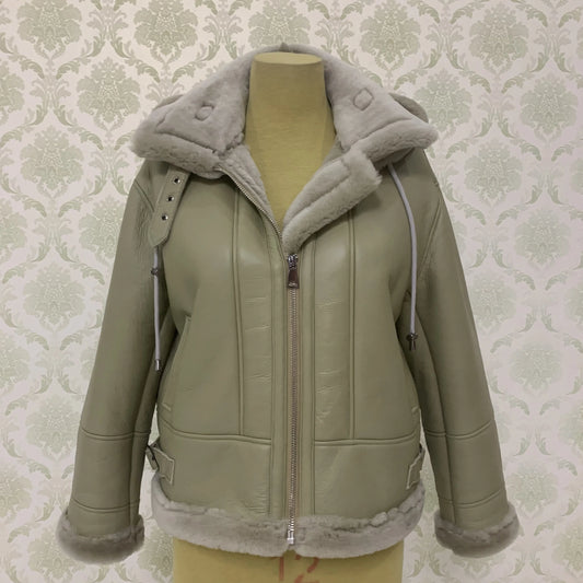 Real Sheep Shearing Skin Fur Coat Winter Warm Leather Thick Coat Women Fashion Sheepskin Motorcycle Jacket
