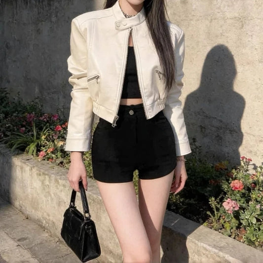Leather Jacket for Women 2026 Spring and Autumn New Fashion Slim Slim Street Motorcycle Wear Leather Jacket Short Style Trendy