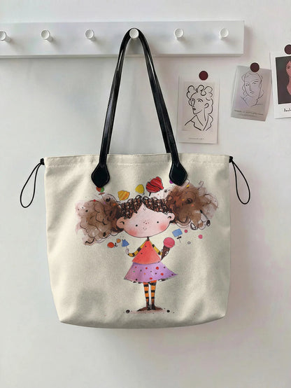 Printed handbag for women, large capacity leather handle shopping bag, casual shoulder bag