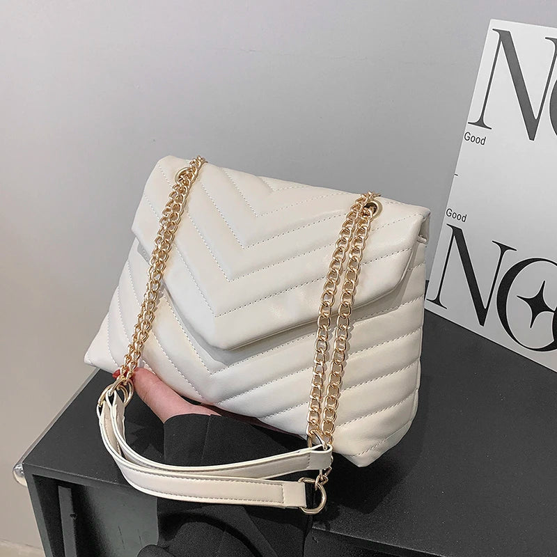 Embroidery Thread PU Leather Crossbody Bags For Women 2025 Women's Branded Trending Shoulder Handbags Chain Clutch Bag Black