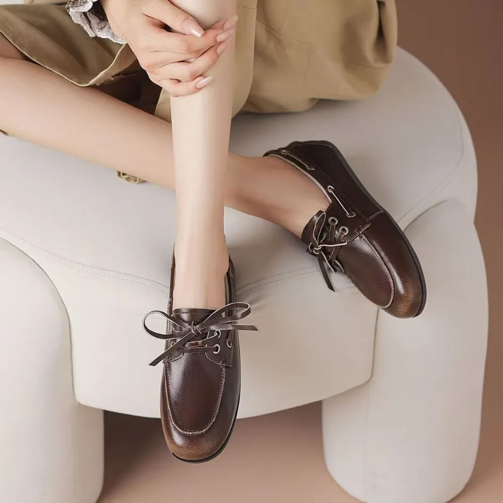 Leather Shoes for Women 2026 Spring and Autumn Sheepskin Worn Dirty Tied Soft Soled Loafer Shoes Retro One Foot Women's Shoe