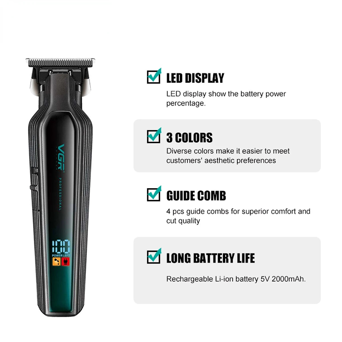 VGR Hair Trimmer Professional Clipper Rechargeable Haircut Machine Cordless Barber Digital Display Hair Trimmer for Men V-930