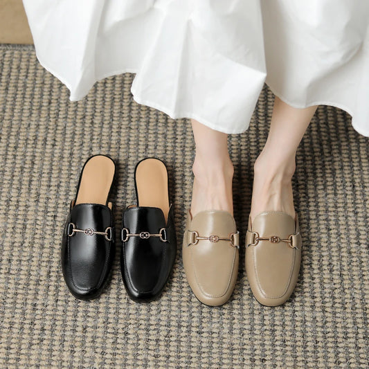 Genuine leather shoes women  mules slipper Cover Toe Elegant Slippers  summer Simple Casual Loafers