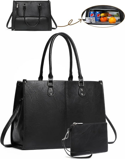 2 in 1 Laptop Tote Bag with Insulated Lunch Compartment for Women Work, PU Leather Lunch Bag with 15.6 Inch Computer Compartment
