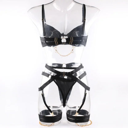 Sexy Fashion Metal Chain Motorcycle Accessories Solid Color Four-Piece Set Front Buckle Sexy Lingerie Set in Stock
