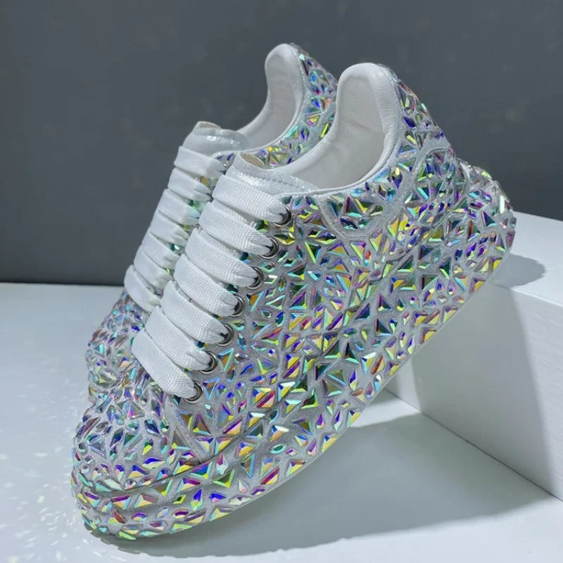 Leather Women Shoes Autumn Spring  New Style Fashion Platform Shoes Ins Platforms Sneakers Tide Shine Bling Rhinestone Shoes