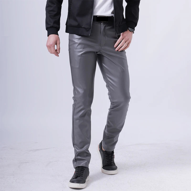 Men Leather Pants Skinny Fit Elastic Fashion PU Leather Trousers Wet Look Stretch Faux Leather Motorcycle Pants Thin Streetwear