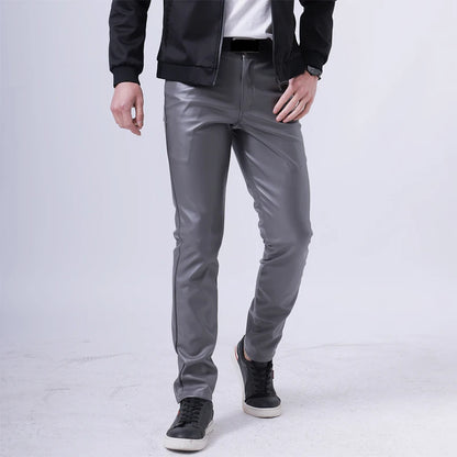 Men Leather Pants Skinny Fit Elastic Fashion PU Leather Trousers Wet Look Stretch Faux Leather Motorcycle Pants Thin Streetwear