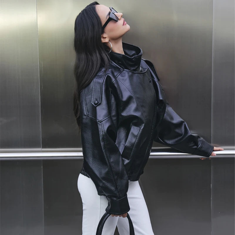 MUJER Faux Leather Women's Jacket Black Oversize Bomber Jackets for Women Outerwears Winter Overcoat Female Fashion Jacket Woman