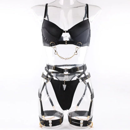 Sexy Fashion Metal Chain Motorcycle Accessories Solid Color Four-Piece Set Front Buckle Sexy Lingerie Set in Stock