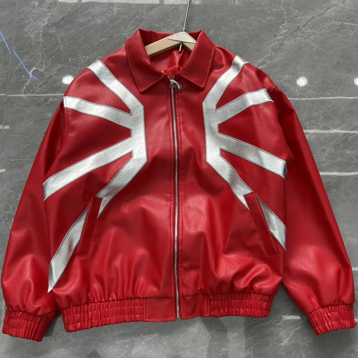 Cool Stylish High Street Heavy-duty Jackets for Men Silhouette Embroidered Contrast Color Patchwork Leather Racing Jacket