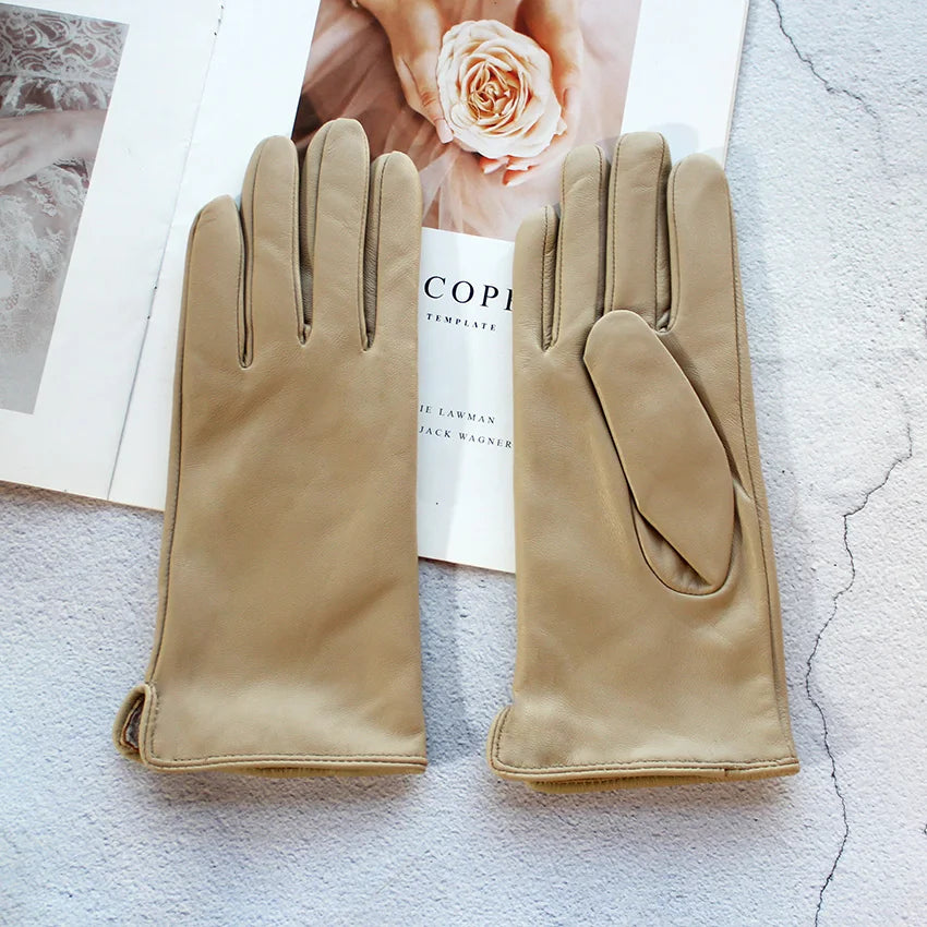 Leather Sheepskin Gloves Women's Autumn Warm Fleece Lining Color Fashion Thin Outdoor Activities Electric Bike Riding Driving