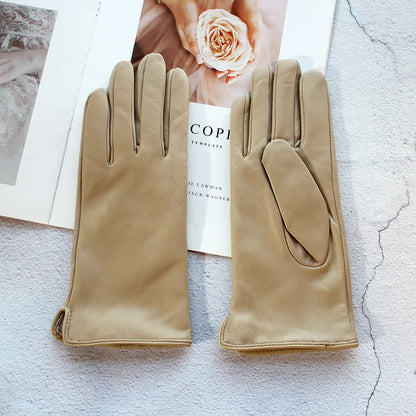 Leather Sheepskin Gloves Women's Autumn Warm Fleece Lining Color Fashion Thin Outdoor Activities Electric Bike Riding Driving