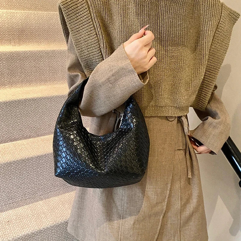 Women Classic Handbags for Women Fashion Woven Embossed Soft PU Leather Small Top Handle Shoulder Bag, Casual Daily Use Tote Bag