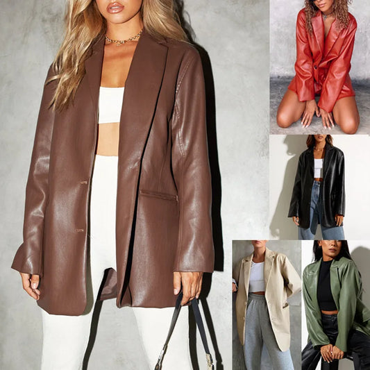 Women's Leather Jacket Autumn and Winter New Leather Coat Casual Warm Blazer Jacket for Women