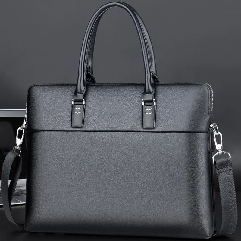 Men's Professional Leather Briefcase - 14" Laptop Office Bag with Shoulder Strap, Waterproof Business Messenger Bag
