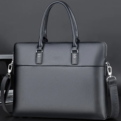 Men's Professional Leather Briefcase - 14" Laptop Office Bag with Shoulder Strap, Waterproof Business Messenger Bag