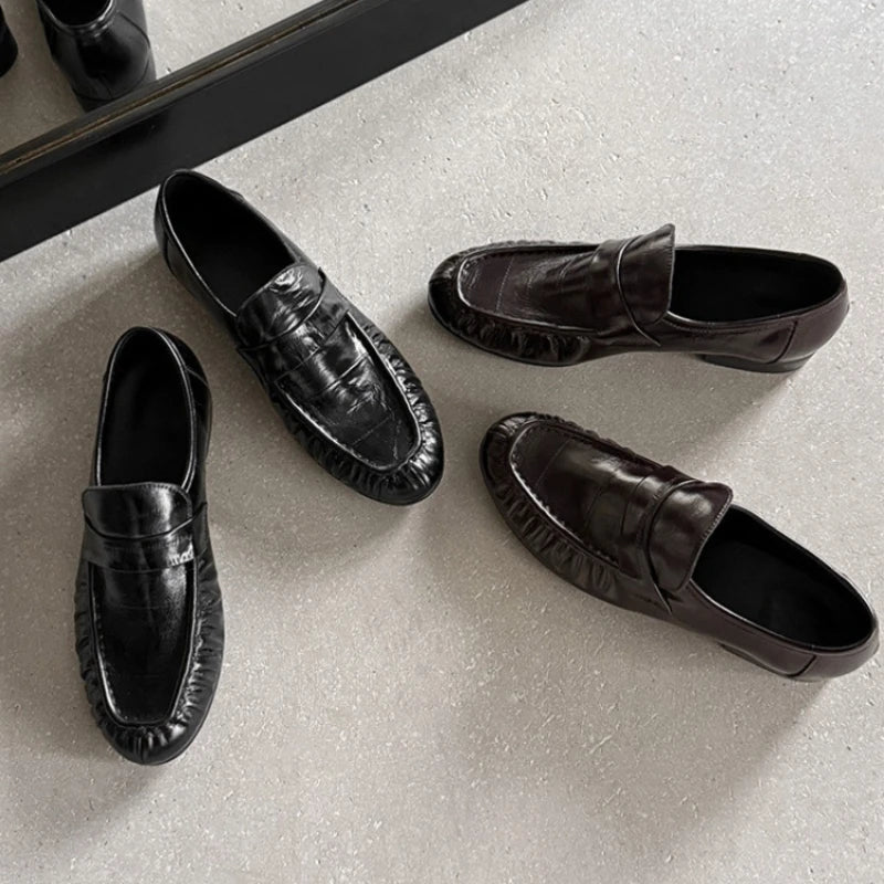 Large Size Genuine Leather Loafers High Quality Thick Heel Slip-on small Leather Shoes Elegant Commuting Office Women' s Shoes