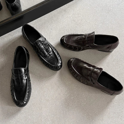 Large Size Genuine Leather Loafers High Quality Thick Heel Slip-on small Leather Shoes Elegant Commuting Office Women' s Shoes