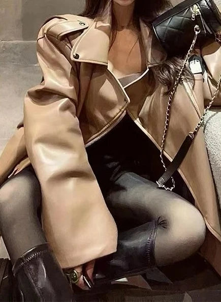 Black Leather Jacket for Women 2025 Spring and Autumn New Loose Fashion Versatile High-end Feel