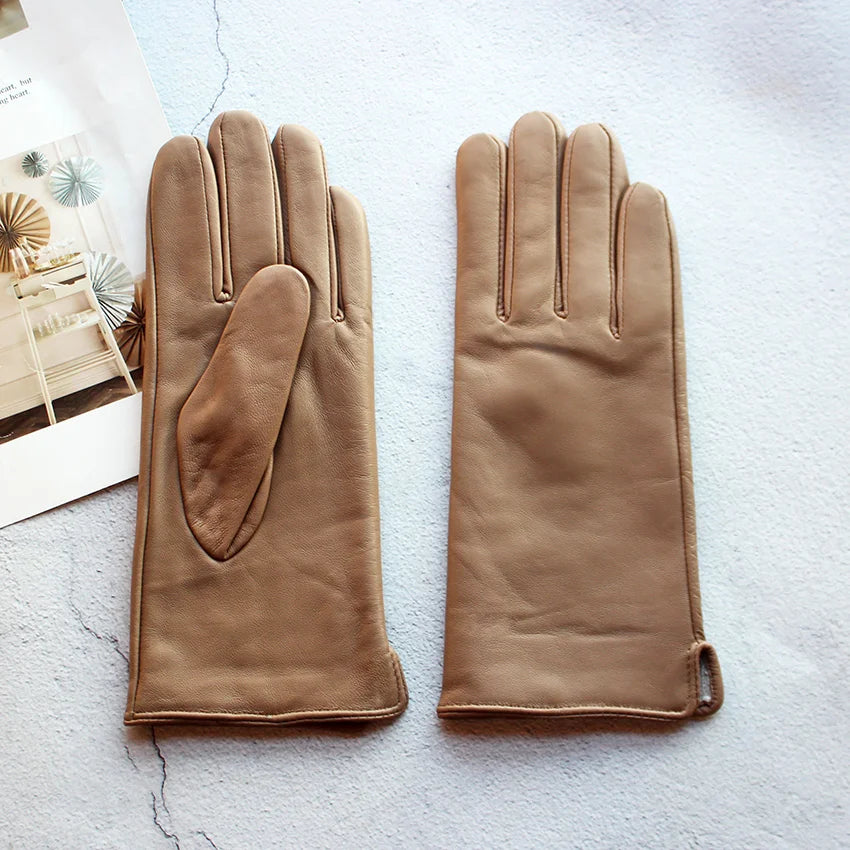 Leather Sheepskin Gloves Women's Autumn Warm Fleece Lining Color Fashion Thin Outdoor Activities Electric Bike Riding Driving
