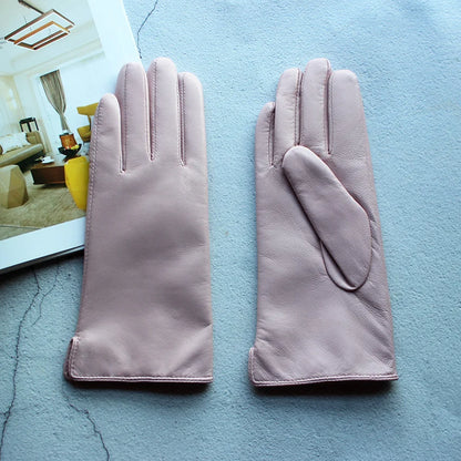 Leather Sheepskin Gloves Women's Autumn Warm Fleece Lining Color Fashion Thin Outdoor Activities Electric Bike Riding Driving