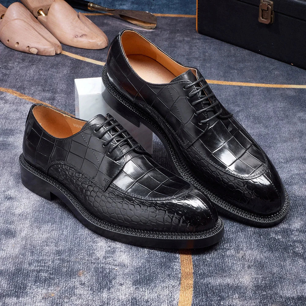 Men's Leather Shoes British Style Black Genuine Cowhide Crocodile Pattern Formal Derby Shoes Thick Sole Height Increase Shoes