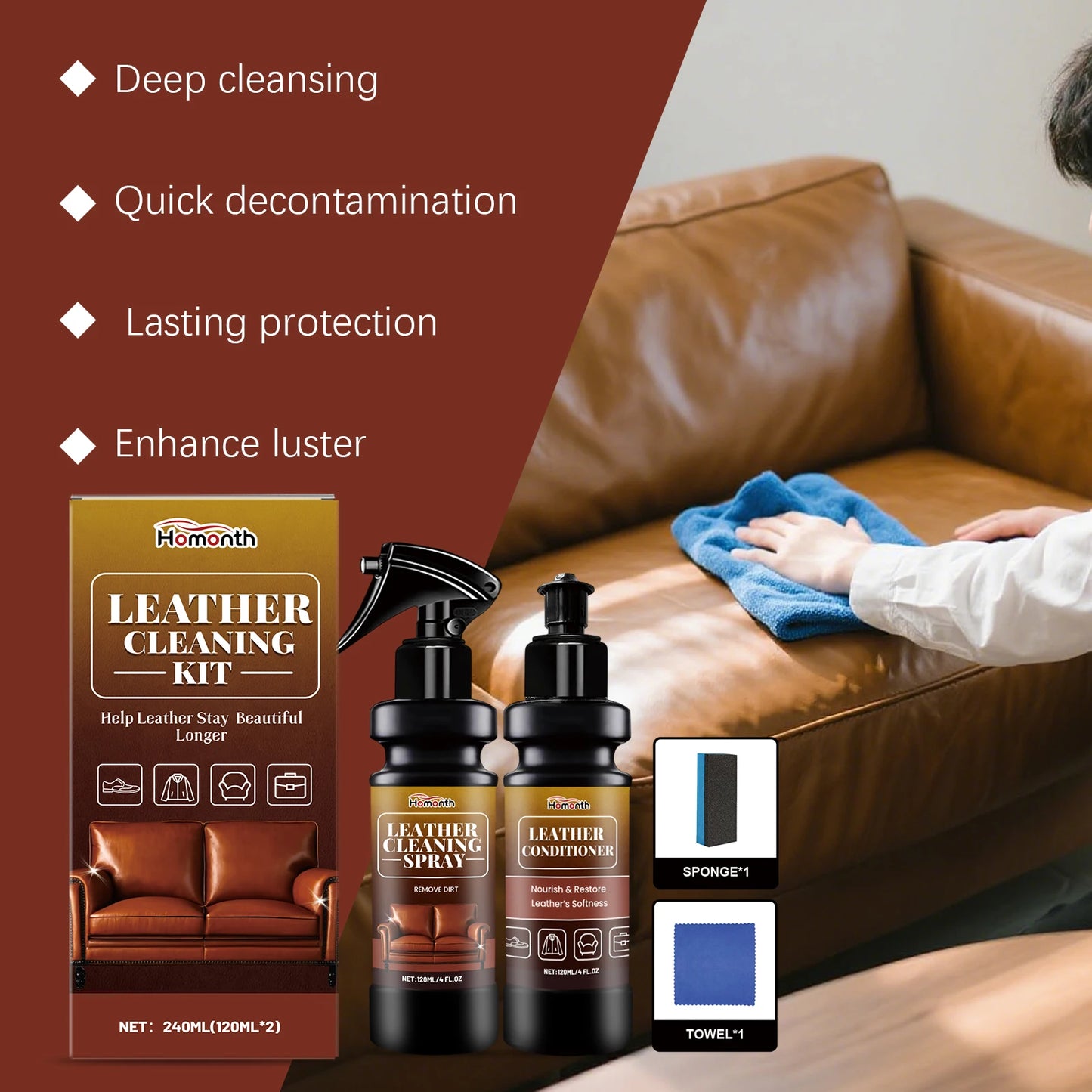 Leather Cleaner And Conditioner Kit Deep Spray Nourishing Cream Set for Softness Shine with Cracking Prevention Includes Sponge