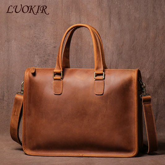 LUOKIR Real Leather Handbag Men Vintage Crazy Horse Cowhide Office Computer Bag Simplicity Business Briefcase For 14 Inch Laptop