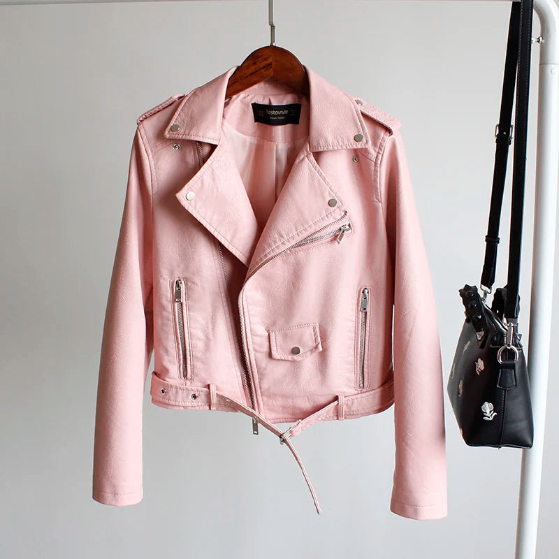New Leather Jacket Women's Fashion Autumn PU Slim Fit Artificial Leather Motorcycle Coat Black Red Leather Jacket Women
