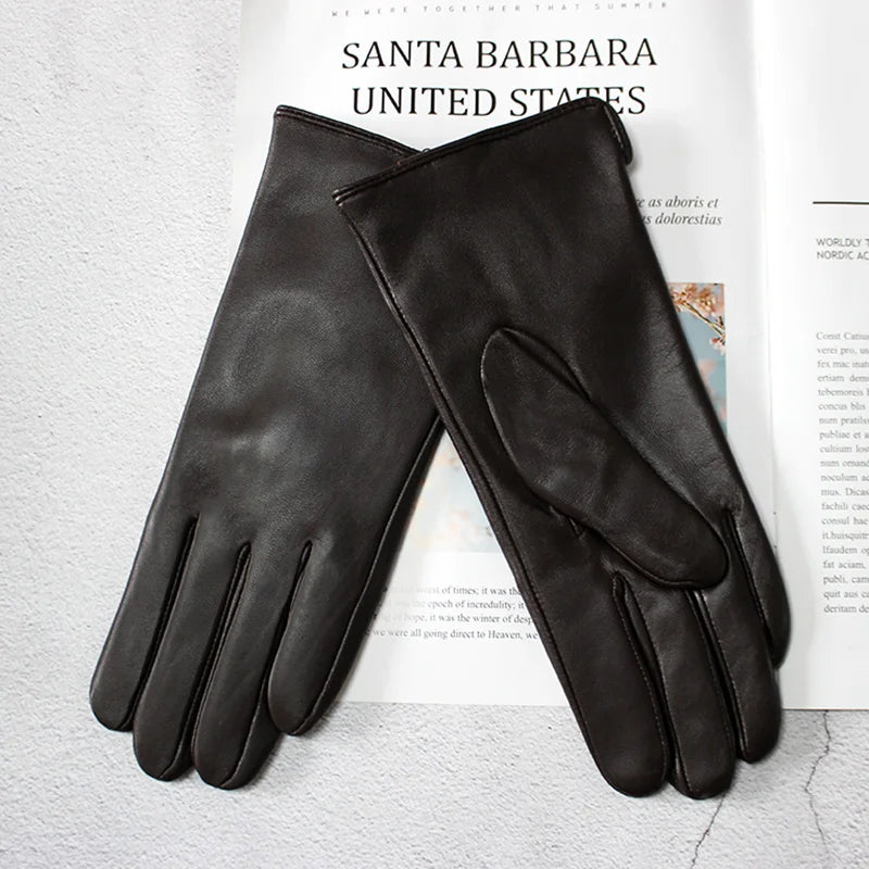 Leather Sheepskin Gloves Women's Autumn Warm Fleece Lining Color Fashion Thin Outdoor Activities Electric Bike Riding Driving