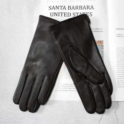 Leather Sheepskin Gloves Women's Autumn Warm Fleece Lining Color Fashion Thin Outdoor Activities Electric Bike Riding Driving