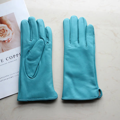 Leather Sheepskin Gloves Women's Autumn Warm Fleece Lining Color Fashion Thin Outdoor Activities Electric Bike Riding Driving