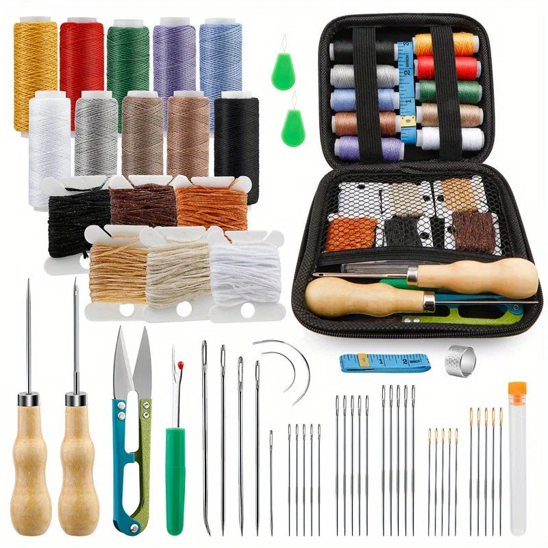 1 set, leather sewing tool kit, with waxed thread, needles, and awl, professional DIY leather craft accessories and tools