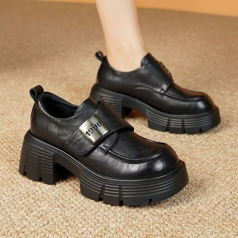 Women's Leather Loafer Slip-on Shoes - Thick Sole Height Increasing Casual Walking Shoes, Metal Buckle Decor Versatile for Daily