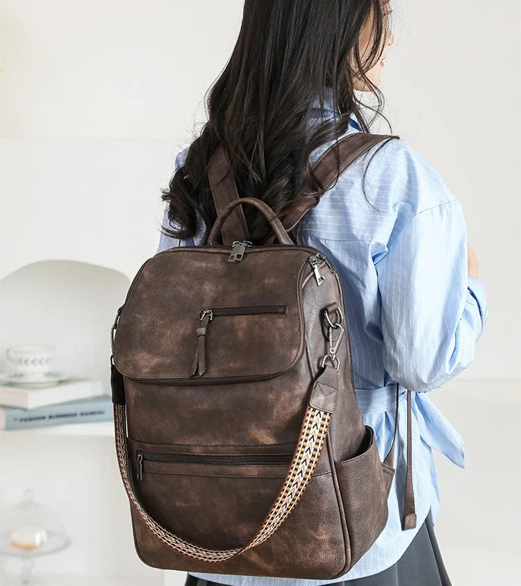 Women Large Leather Laptop Backpack 15.6 Inch Waterproof Casual Fashion Business Retro Travel Shoulder Bag for College