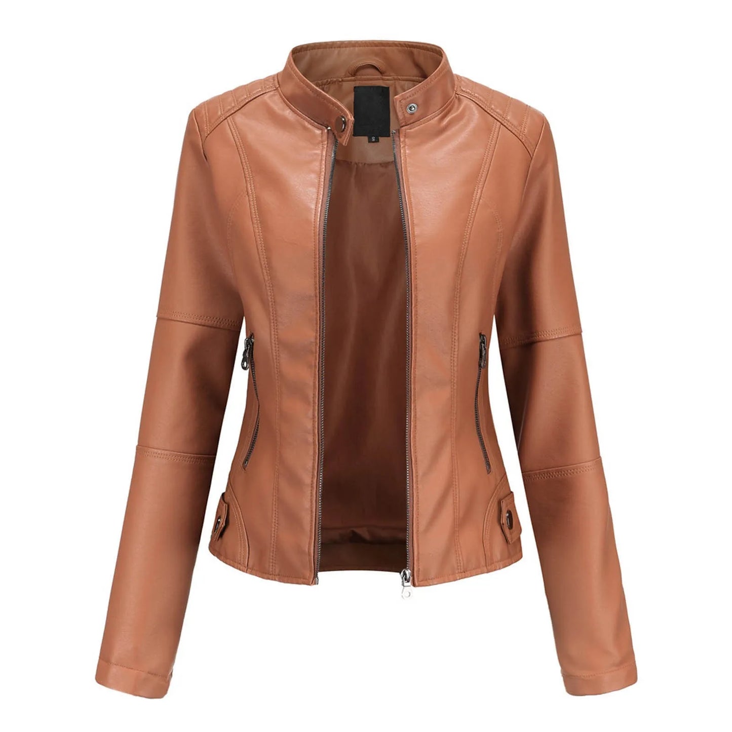 Women's Solid Color Pu Leather Jackets Slim Fit Zipper Leather Bomber Coat Turtleneck Women's Motorcycle Leather Jackets куртка