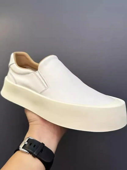 Vintage Mens New Slip On Loafers Thick Platform Casual Skateboard Shoes Cowhide Genuine Leather Shoes Outside Joggers Sneakers