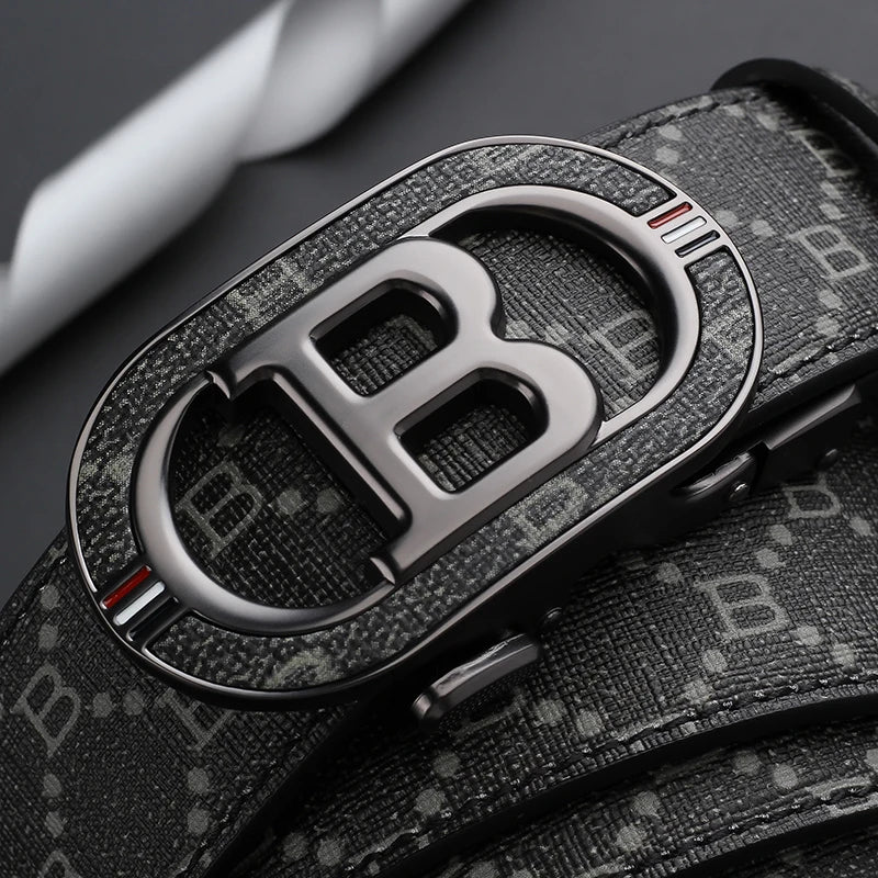 Fashion B Letter Auto Buckle Belt Men's Monogram Print PU Leather Adjustable Waist Strap for Daily Work