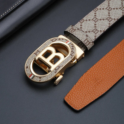 Fashion B Letter Auto Buckle Belt Men's Monogram Print PU Leather Adjustable Waist Strap for Daily Work