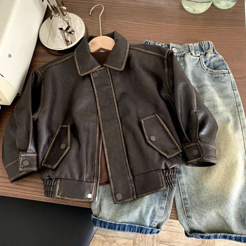 Boys Leather Jacket 2025 Autumn Spring Korean Style New Arrival Trendy Fashion Cool Brown Solid Color Jackets Coats