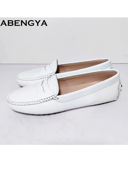 ABENGYA Real Leather Loafers Flat Shoes Women Slip On Ladies Casual Single Shoes Ballet Flats Shoes For Women Mules