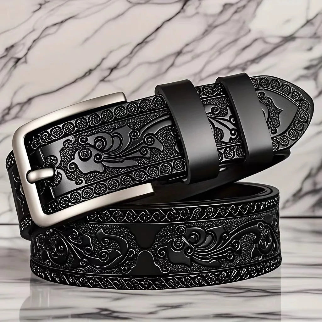 Men's Retro Embossed Leather Belt, European & American Cross-border Style, High Quality Casual Durable Waistband for Daily Use