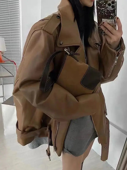 Black Leather Jacket for Women 2025 Spring and Autumn New Loose Fashion Versatile High-end Feel