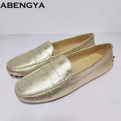 ABENGYA Real Leather Loafers Flat Shoes Women Slip On Ladies Casual Single Shoes Ballet Flats Shoes For Women Mules
