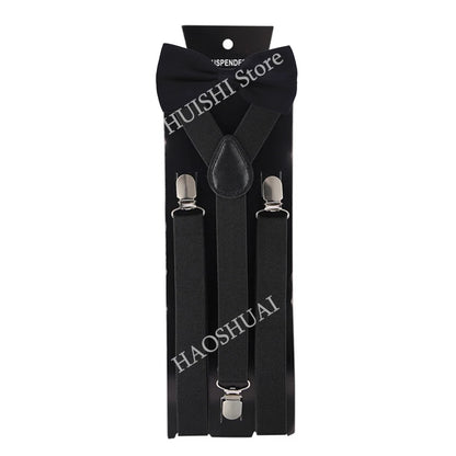 Suspenders Man Bowtie Solid Color Elastic PU Leather Suspenders For Man Belt Adjustable Straps For Wedding Bow Tie Accessories