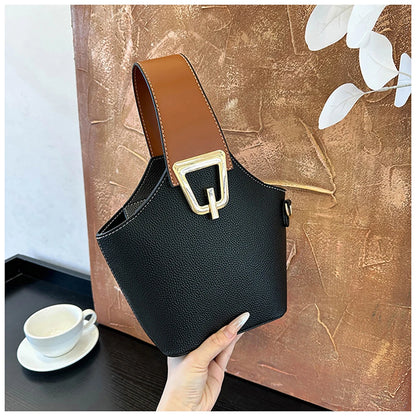 Luxury Bucket Handbags for Women Casual Contrast Color Small Basket Bag Single Shoulder Bags Lychee Pattern Leather Shoulder Bag