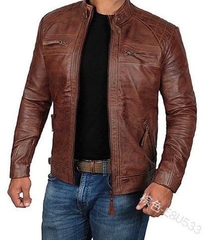 2022 Men Leather Jacket Teenagers Stand Collar Punk Men Motorcycle Leather Jacket Brown Leather Jacket Chaqueta De Los Hombres