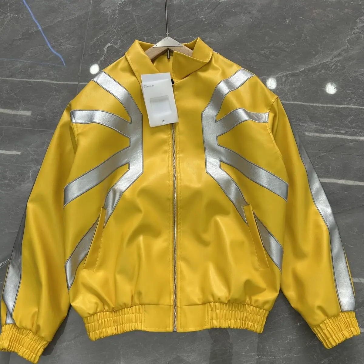 Cool Stylish High Street Heavy-duty Jackets for Men Silhouette Embroidered Contrast Color Patchwork Leather Racing Jacket