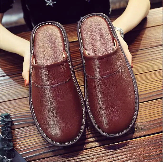 Leather Slippers Homes in indoor slipper Spring Autumn summer men women elderly non-slip casual Slides shoes